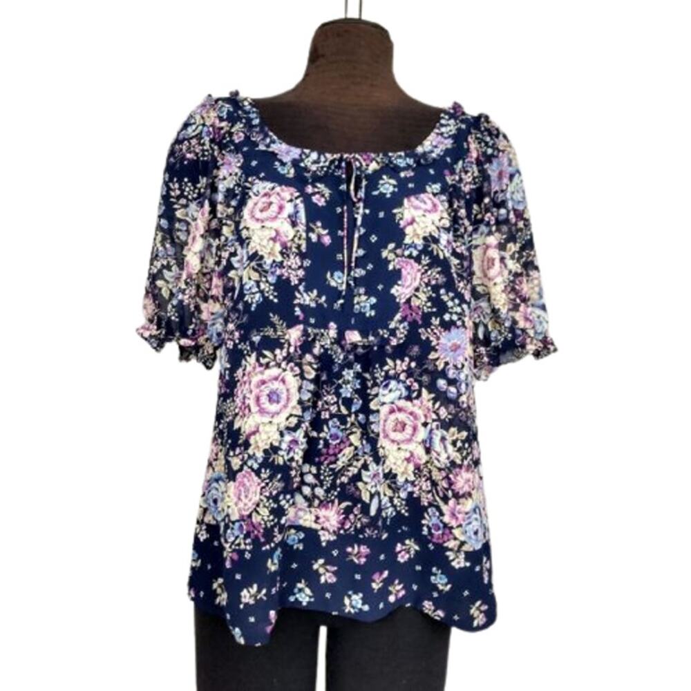 Ann Taylor Loft Floral Print Ruffle Top Blue sz M